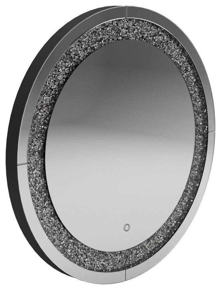 Benzara BM282037 Modern Vanity Wall Mirror, Round, Crystal Frame, Glass, Silver