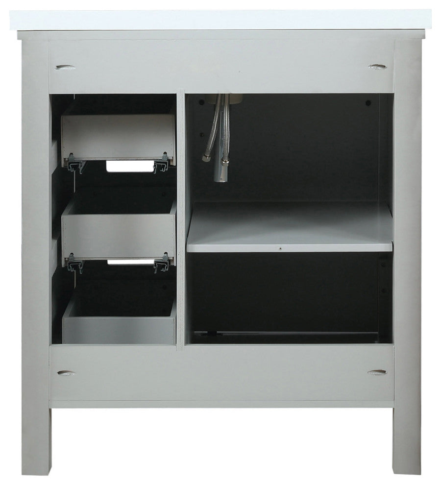 Marsyas 30" Ash Gray Single Vanity Cabinet Quartz Top Sink, 28" Wall Mirror