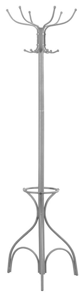 Coat Rack, 70" Silver Metal With An Umbrella Holder