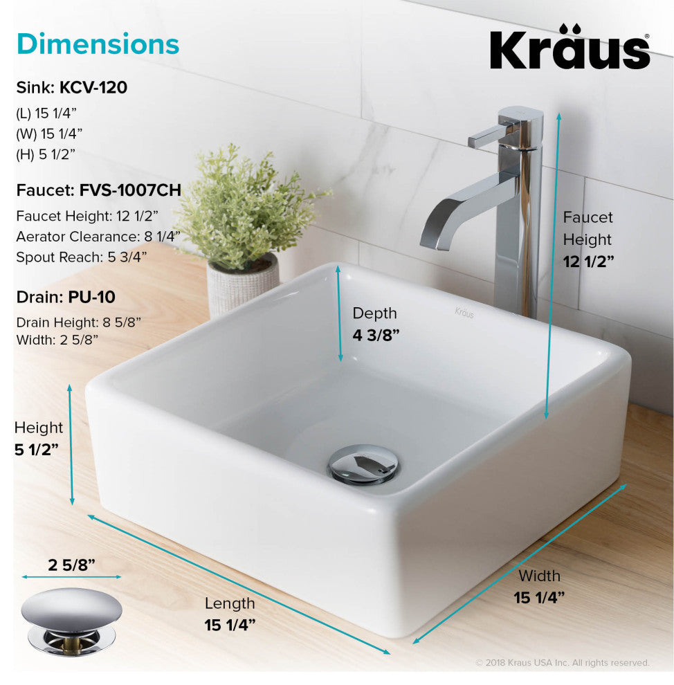 Elavo Square Ceramic Vessel Sink, Bathroom Ramus Faucet, PU Drain, Chrome