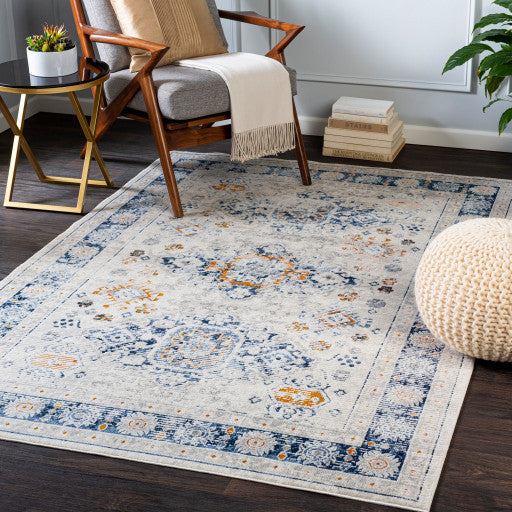 Surya Porto POO-2307 5'3"x7'3" Rug, White/Gray/Blue/Denim/Mustard/Burnt Orange