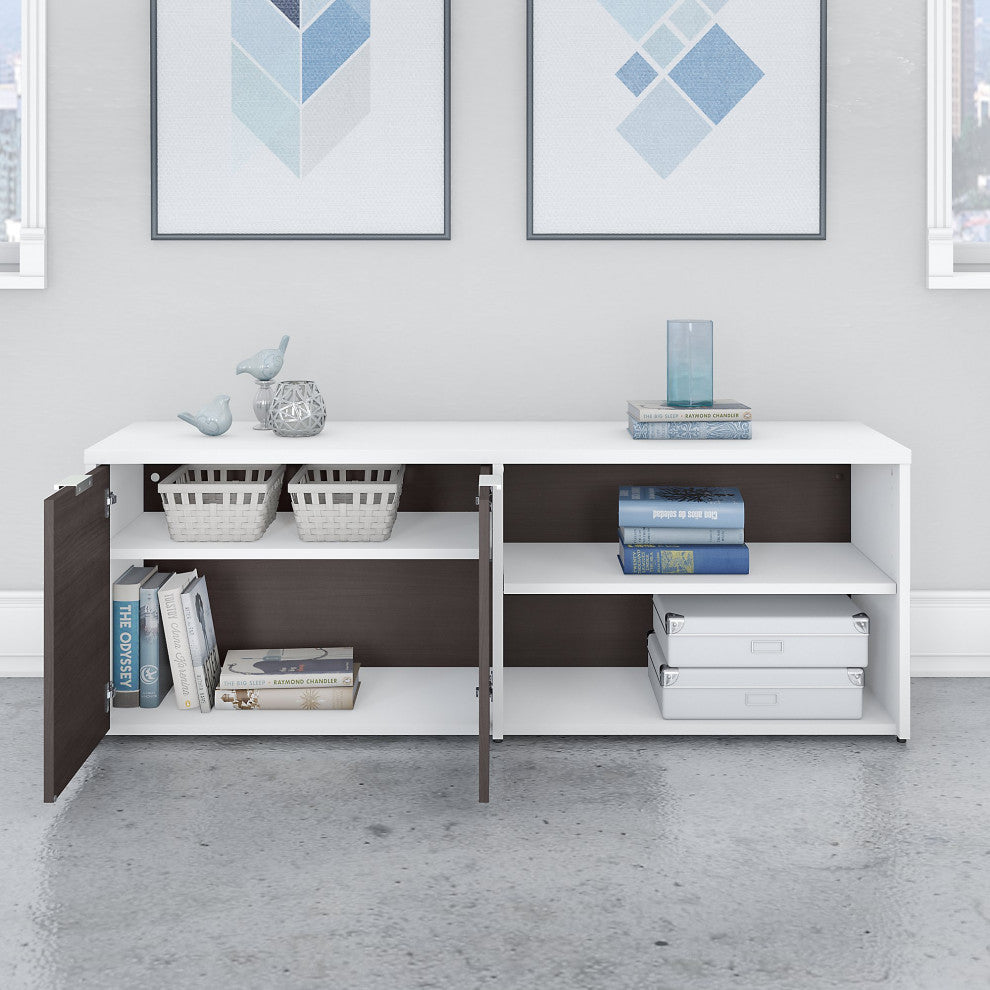 Jamestown Low Storage Cabinet With Doors and Shelves, White and Storm Gray