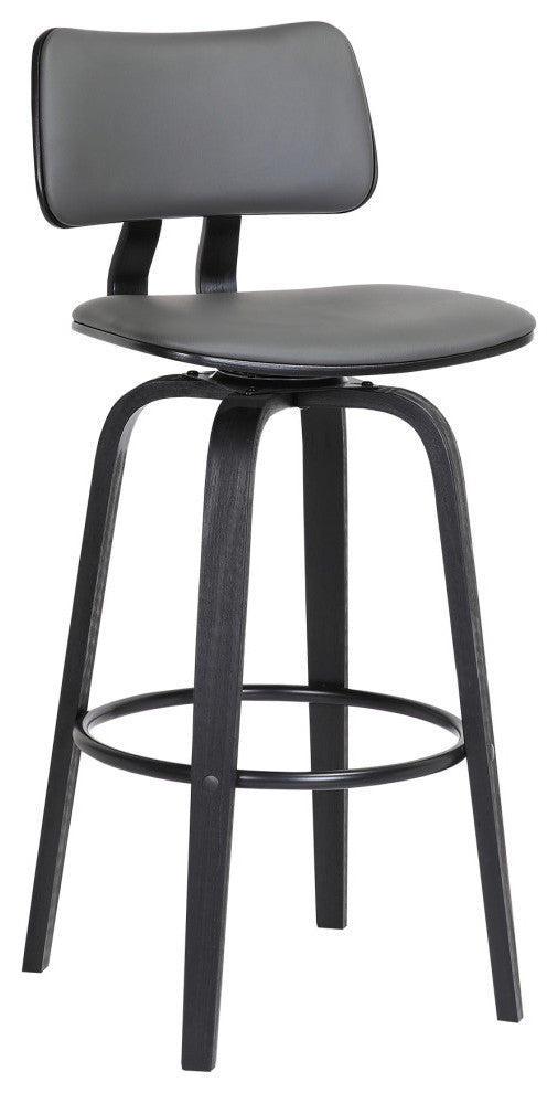 Pico 26" Swivel Black Wood Counter Stool in Gray Faux Leather with Black Metal, 30