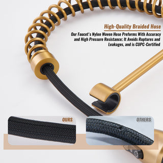 Single Handle Kitchen Faucet Pull-Down Sprayer, 360 Swivel, Three Functions, Brushed Gold