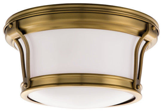Newport, 10-inch Flush Mount, Aged Brass Finish, Opal Glossy Glass Shade