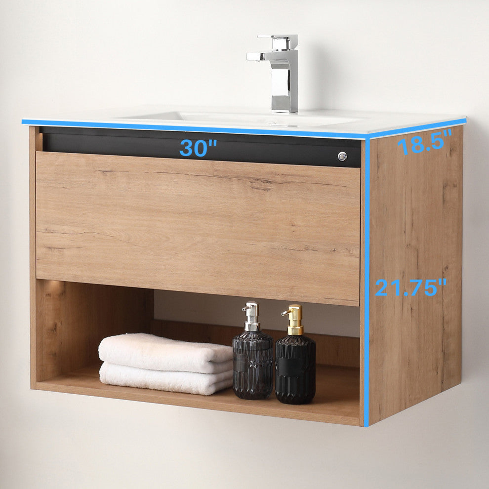 Wall Mounted Bathroom Vanity and Sink, Classic Oak, 30'' Ceramic