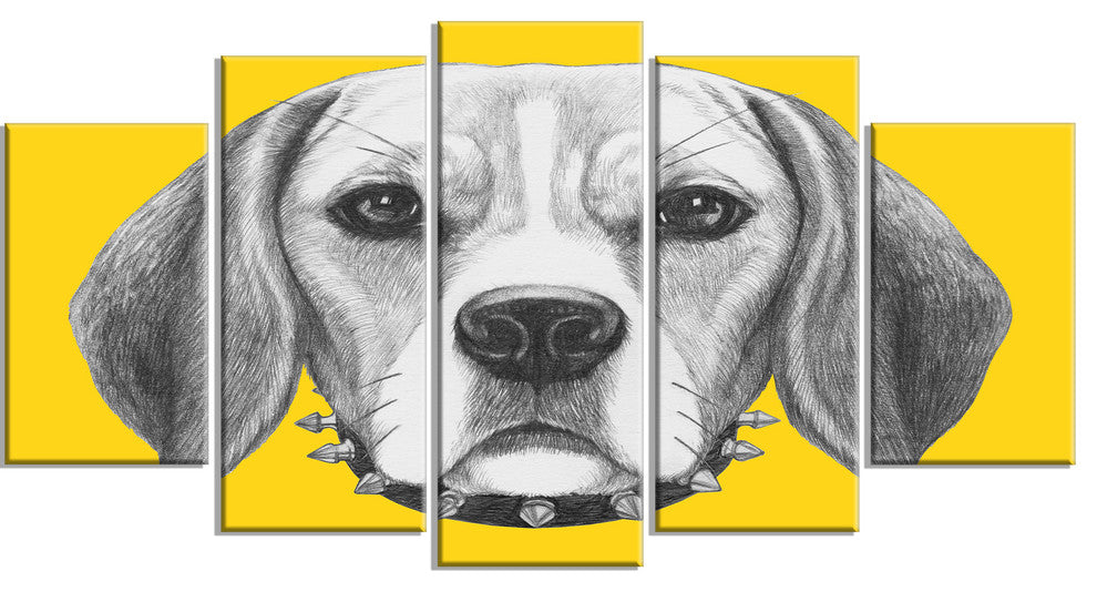 Funny Beagle Dog with Collar, Animal Canvas Art Print, 60"x32", 5 Panels