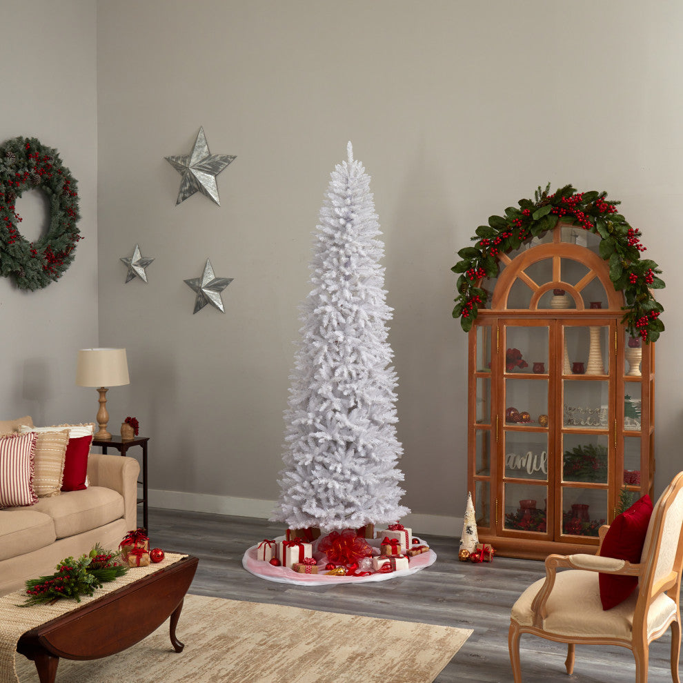 9' Slim White Faux Xmas Tree W/600 Warm White Lights & 1860 Bendable Branches