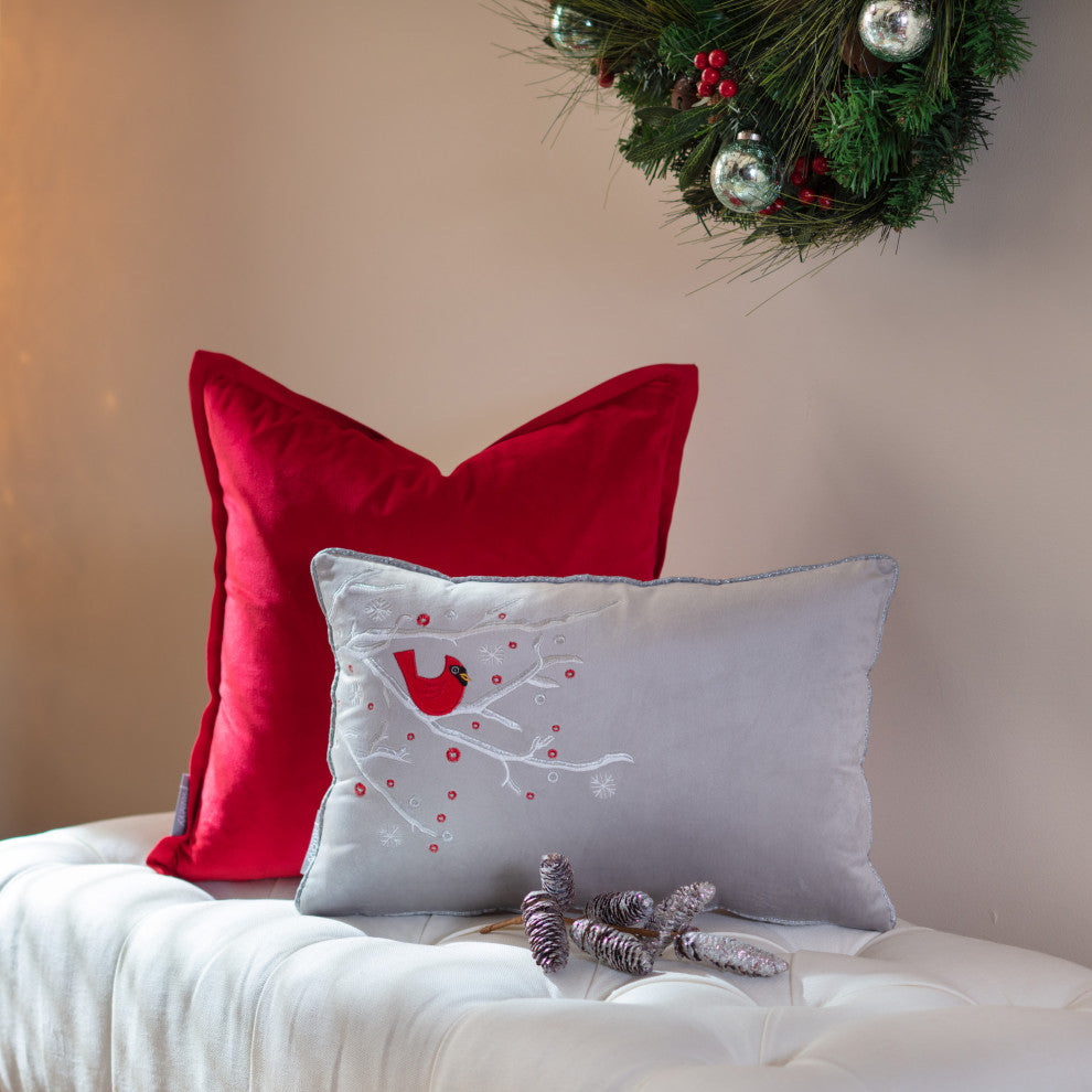 Indoor Velvet Christmas Cardinal Gray Lumbar Rectangular Throw Pillow