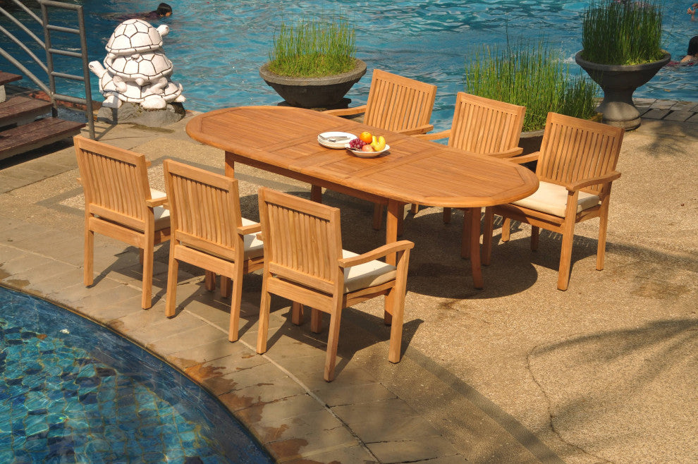 7-Piece Outdoor Teak Dining Set: 94" Oval Table, 6 Leveb Stacking Arm Chairs