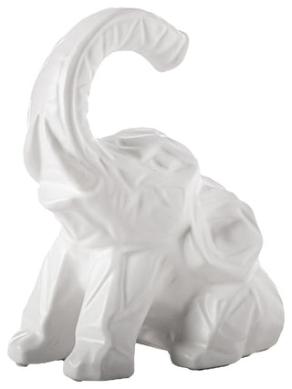 Ceramic Sitting Elephant Figurine with Trunk on High Design Matte White Finish