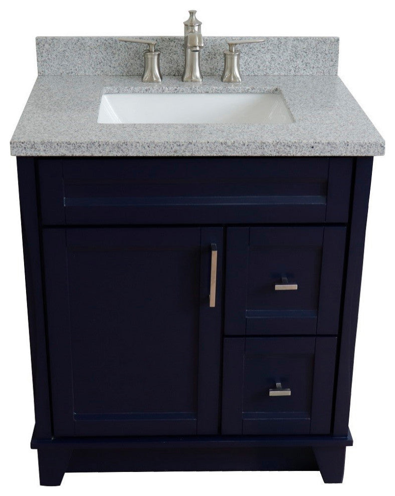 31" Single Sink Vanity, Blue Finish With Gray Granite With Rectangle Sink