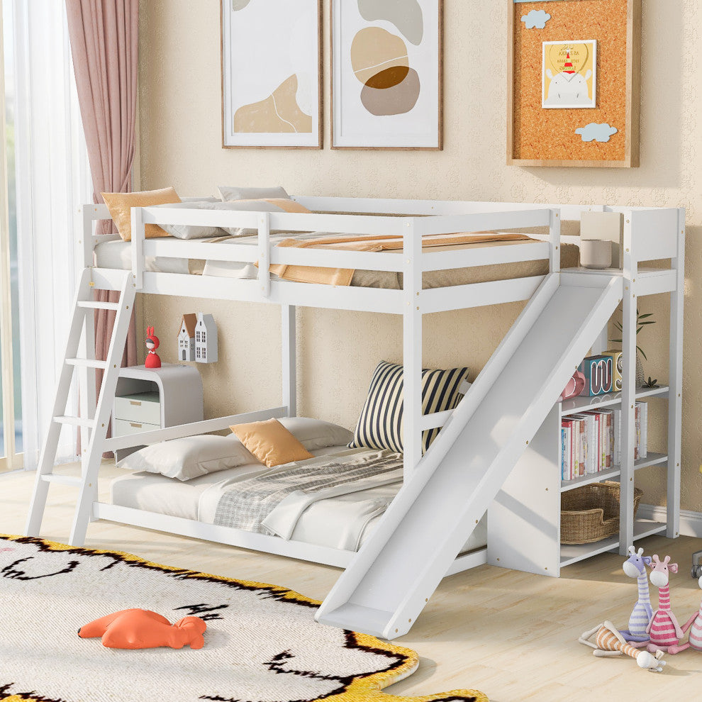 Gewnee Wood Full Over Full Bunk Bed with Ladder, Slide and Shelves in White