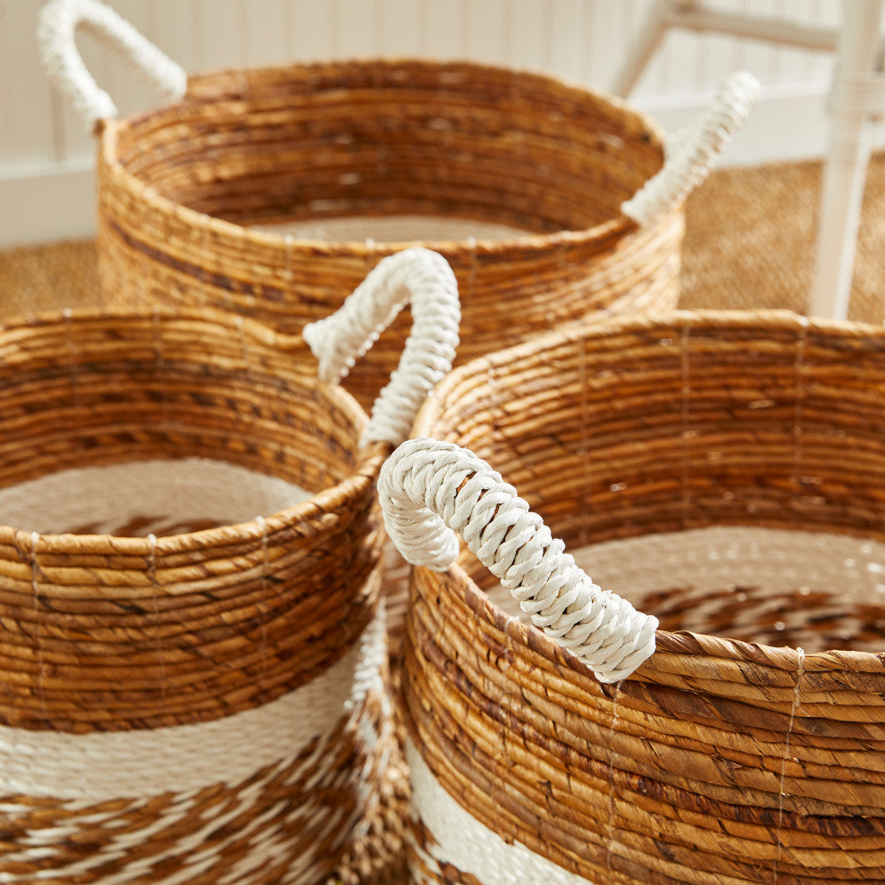 Set 3 Coastal Casual Natural Raffia Round White Stripe Tote Baskets Handle Large