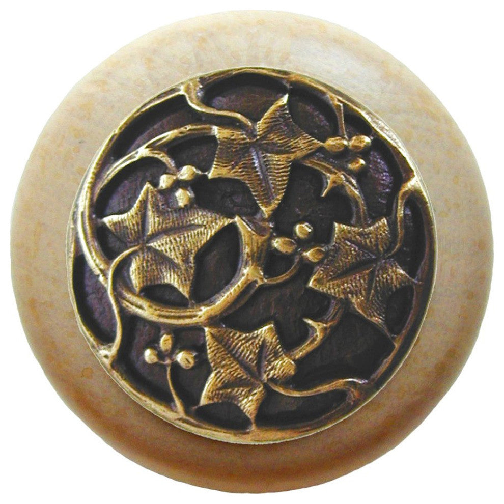 Ivy With Berries Natural Wood Knob, Clear Finish With Antique-Style Brass