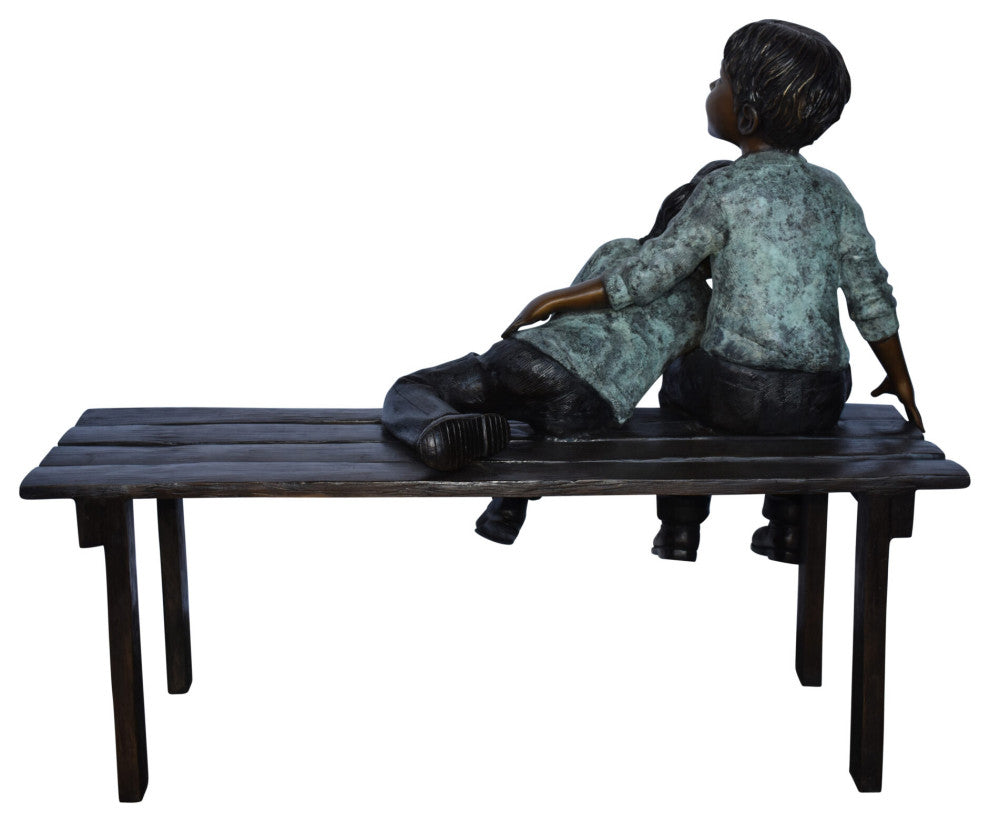 Brother and Sister on A Bench Enjoying Outdoors Bronze Statue 18" x 39" x 33"