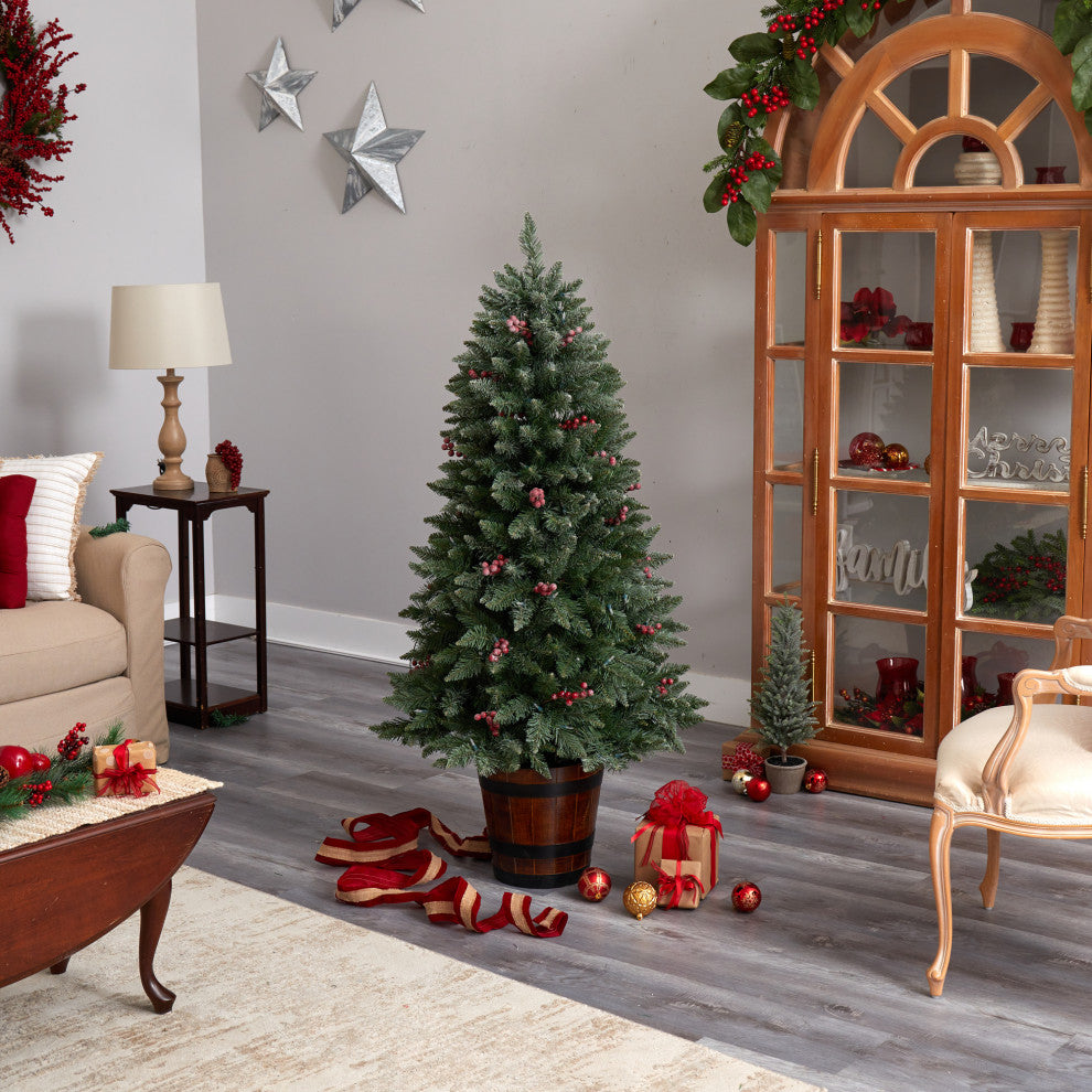 5' Frosted Colorado Aspen Faux Xmas Tree W/Lights, Bendable Branches & Berries