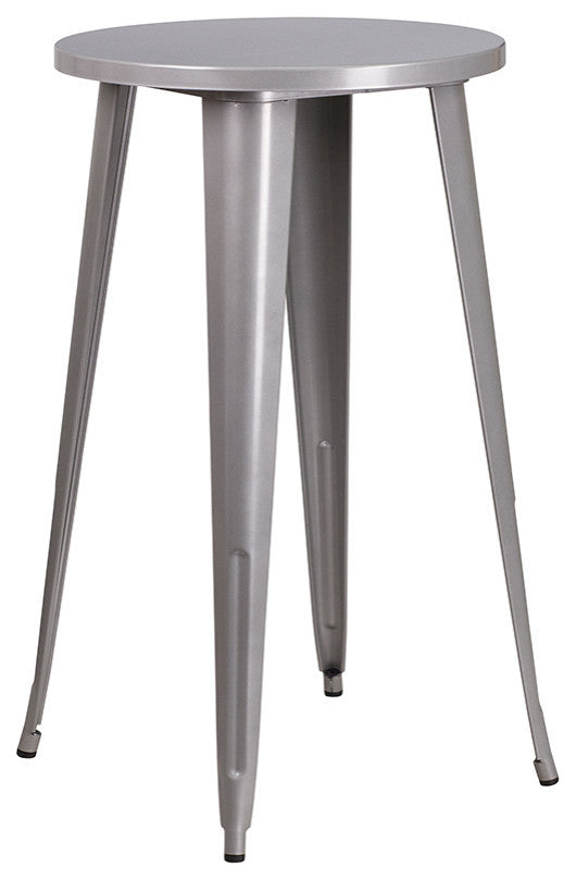 24" Round Silver Metal Bar 3-Piece Table Set With 2 Square Seat Backless Stools