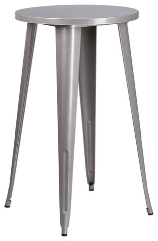 24" Round Silver Metal Bar 3-Piece Table Set With 2 Square Seat Backless Stools