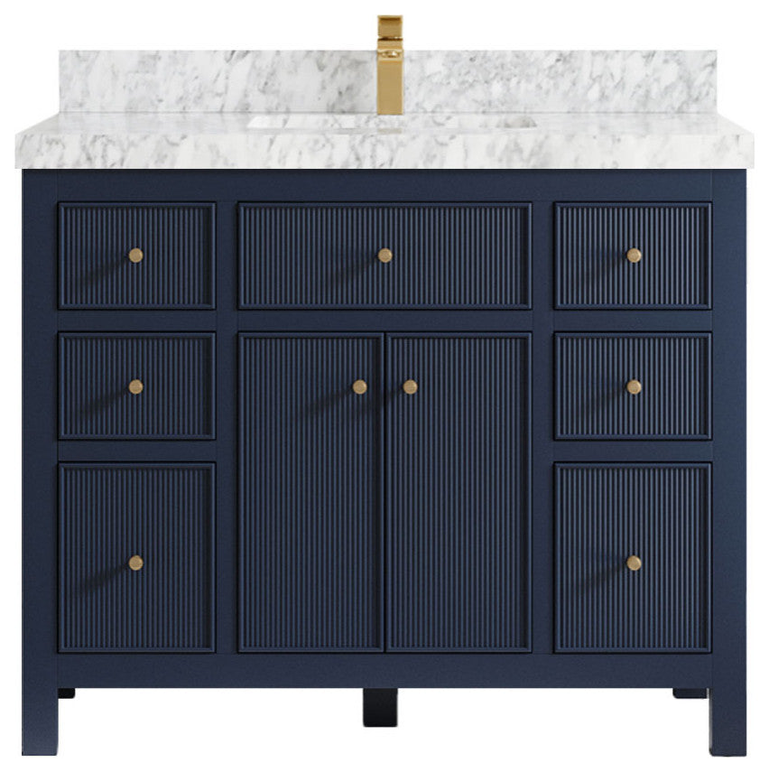 Sonoma 42 Single Sink Reeded Bath Vanity in Hale Navy Blue 2" Carrara Marble