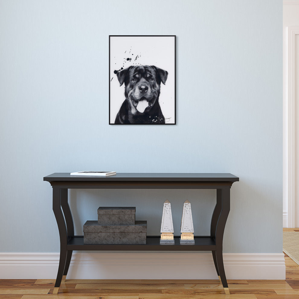 "Rottweiler" Black and White Pet Art on Printed Glass with Anodized Frame