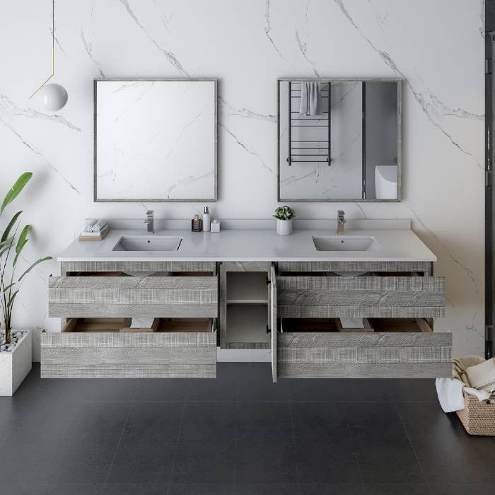 Fresca Formosa Modern 84" Ash Wall Hung Double Sink Vanity Set, Faucet Fft9131ch
