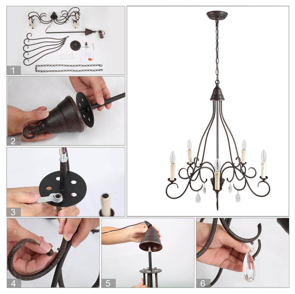 5-Light Transitional Rust Metal, Crystal Drops Chandeliers Lighting