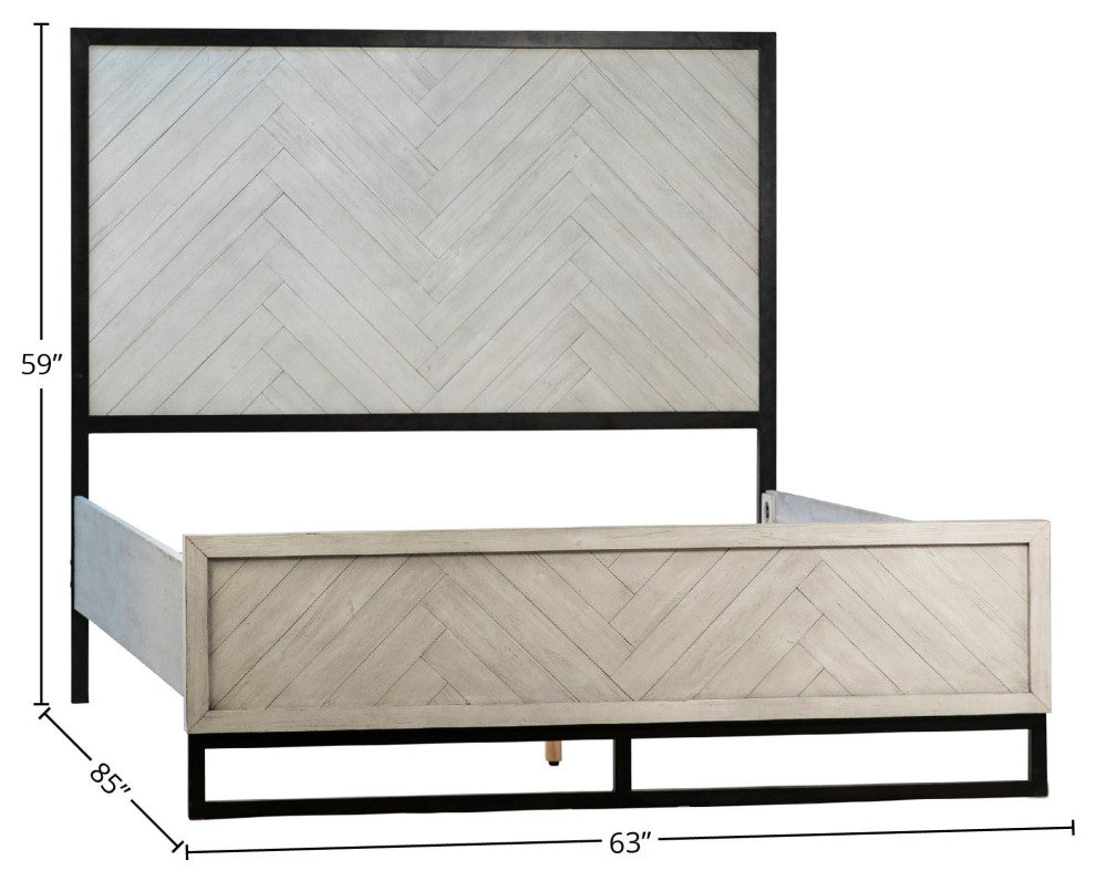 Vincent Acacia and Iron Panel Bed With Harringbone Headboard, Queen