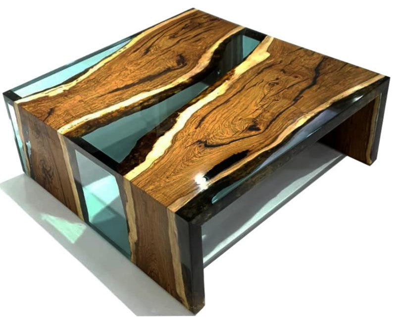 Smoked Aqua Green Waterfall Coffee Table, 27.6"
