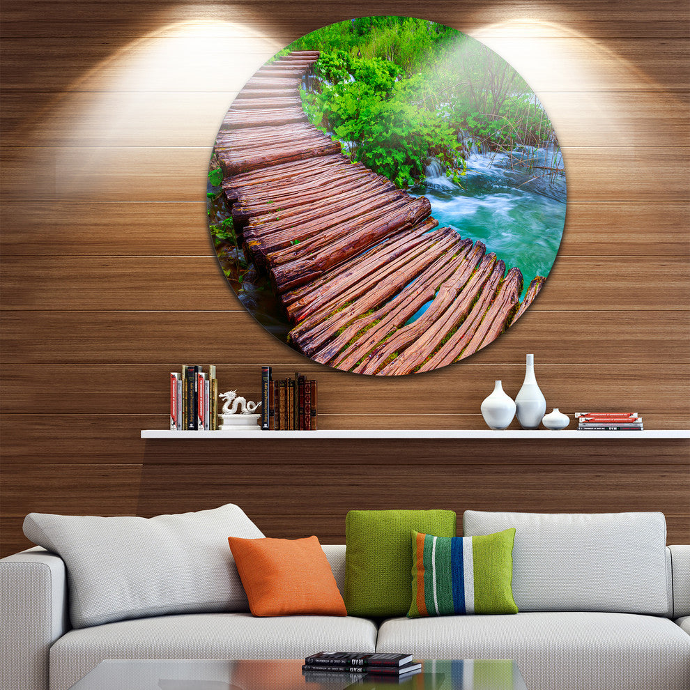 Wooden Bridge In National Park, Landscape Photo Round Wall Art, 38"
