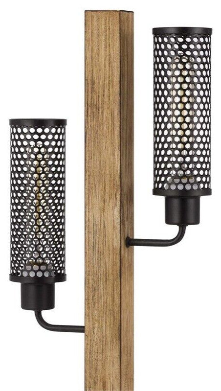 Benzara BM241805 Wooden Table Lamp With 2 Metal Mesh Shades, Brown and Black