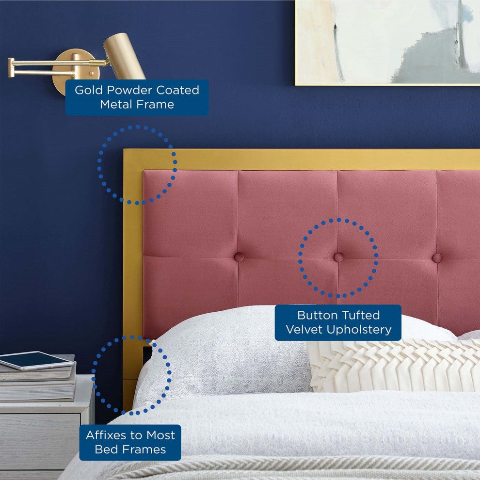 Tufted Headboard, Twin Size, Velvet, Metal Steel, Gold Pink, Modern Contemporary
