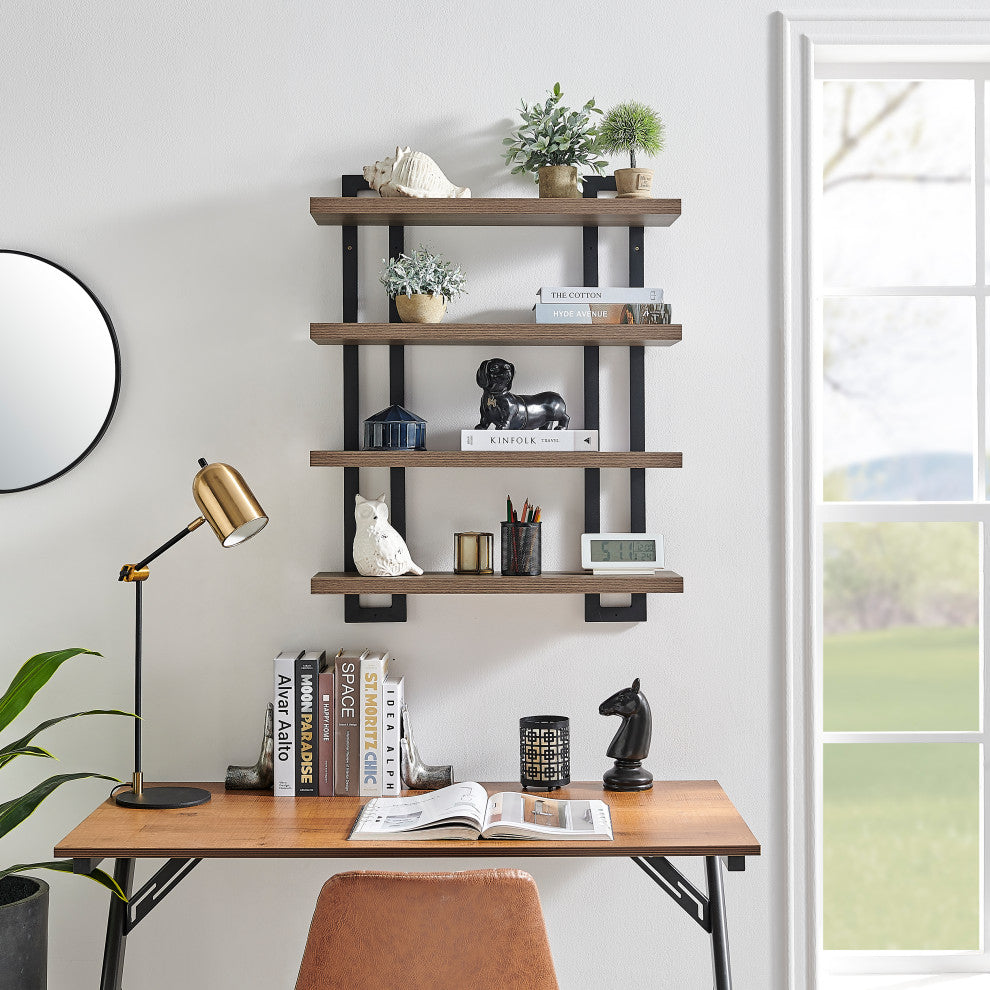 Danya B. 4-Tier Floating Bracket Wall Shelf Metal and MDF Finish, Walnut