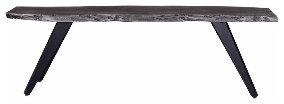 Benzara BM286418 Dining Bench, Acacia Wood, Live Edge, Gray, Black