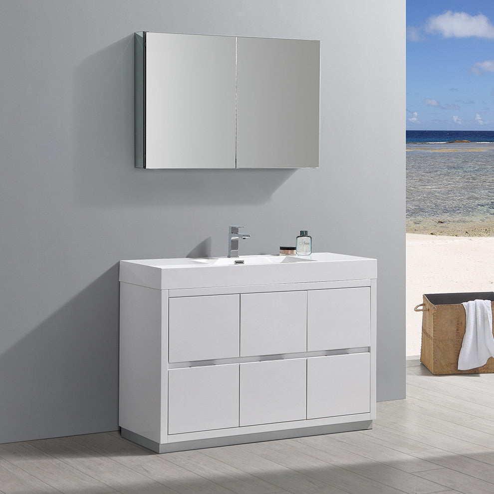 Valencia 48" Glossy White Free Standing Vanity Set, Cabinet, Faucet FFT1041BN