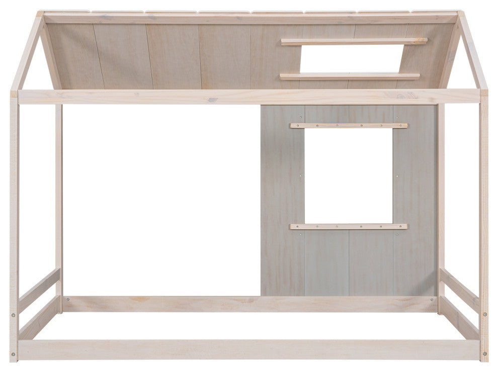 Gewnee Twin Size House Platform with Roof and Window , In Grey