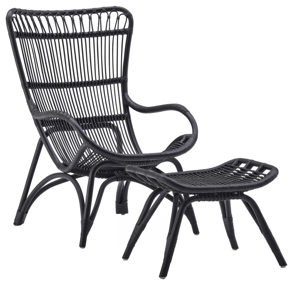 Monet Highback Rattan Lounge Chair and Footstool, Black