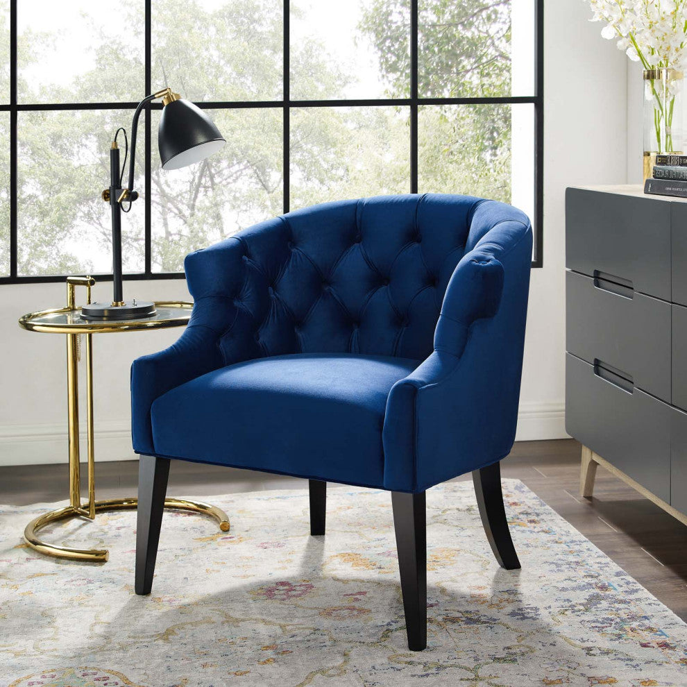 Modern Lounge Accent Side Chair Armchair, Velvet Fabric Wood, Navy Blue