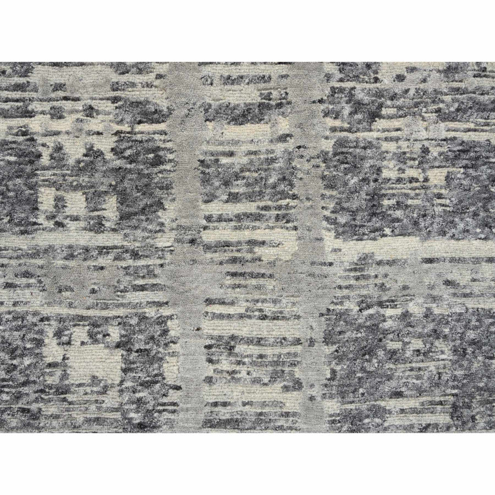 Gray, Natural Wool, Hand Knotted, Modern Design XL Runner Rug, 2'7"x23'8"