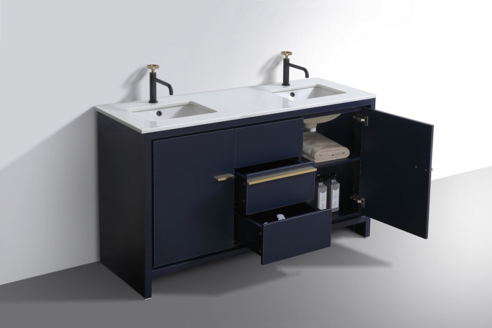 Dolce 60" Double Sink Vanity, White Quartz Countertop, High Gloss White, Blue
