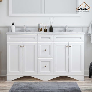 CASAINC 60" Marble Top Double Sink Bathroom Vanity with Mirror, White