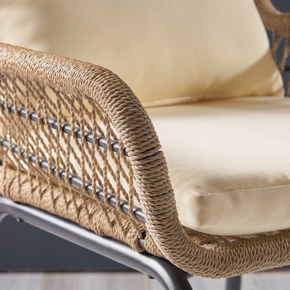 GDF Studio Kimberley Outdoor Steel and Rope Club Chairs with Cushioned, Set of 2, Brown/Beige