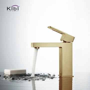 Cubic Single Hole Bathroom Faucet KBF1002, Brush Gold, W/ Drain