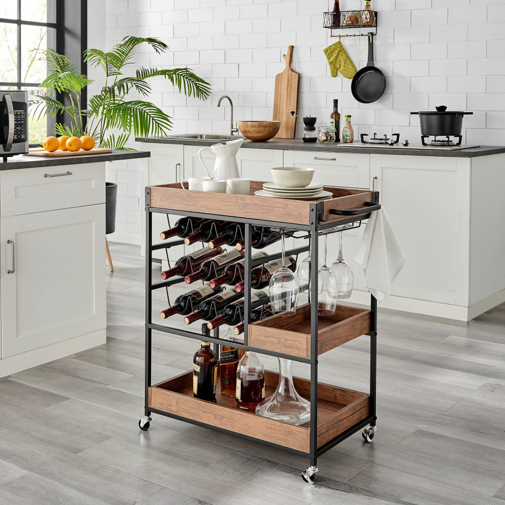 Rustic Walnut Veneer Rolling Farmhouse Wine Bar Cart With Bottle and Glass Rack