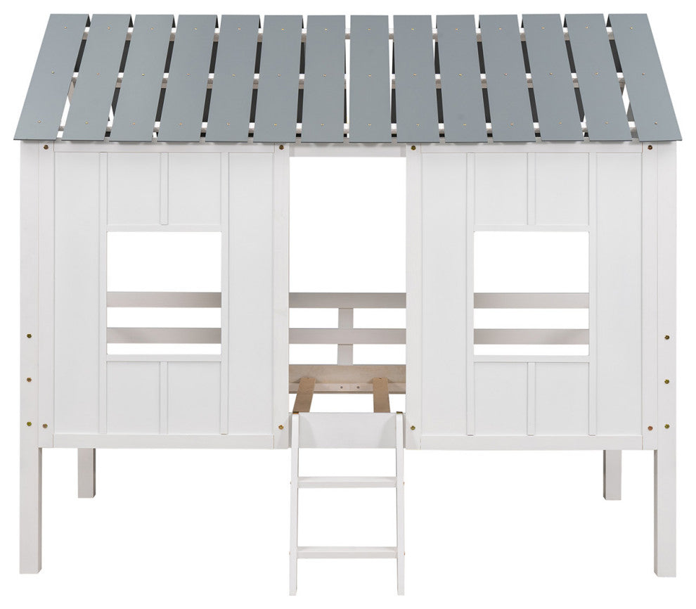 Gewnee Twin Size Low Loft House Bed with Roof and Two Front Windows in White