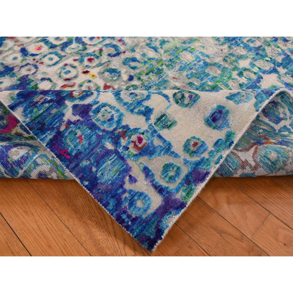 Sapphire Blue, THE PEACOCK, Sari Silk, Hand Knotted, Oriental Rug, 5'1"x7'