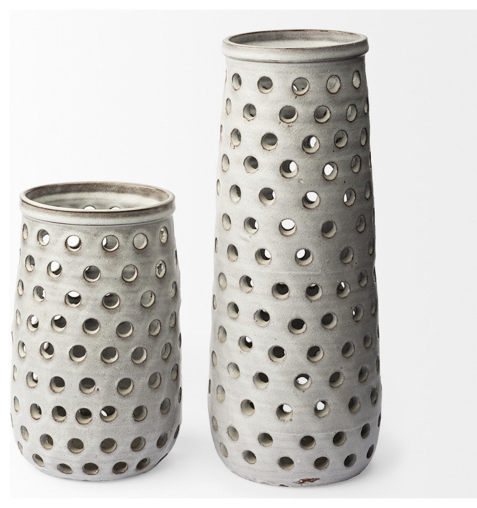 19" Organic White Glaze Pierced Dot Ceramic Vase