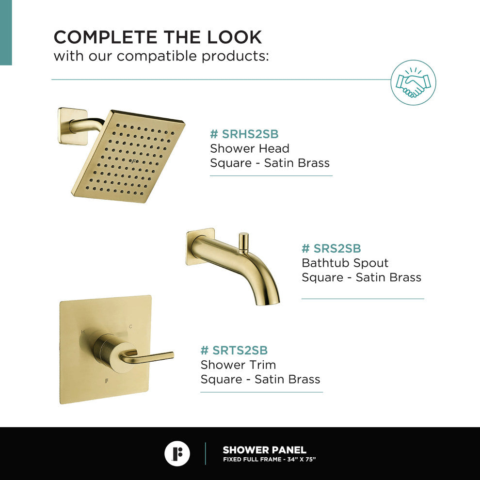 Single Fixed Glass Shower Panel - Clear Tempered Full Frame Shower Glass Door, Satin Brass, 34"