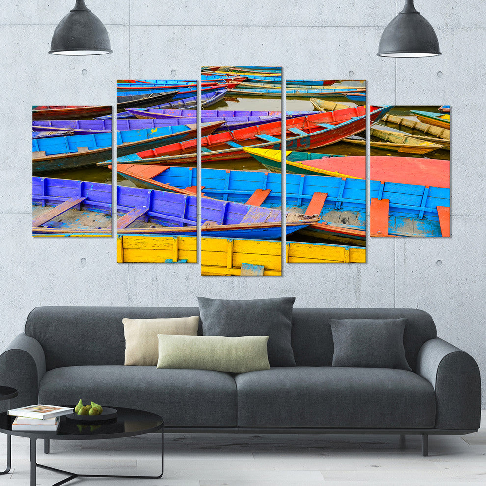 Old Colorful Sailboats in Lake, Boat Canvas Art Print, 60"x32", 5 Panels