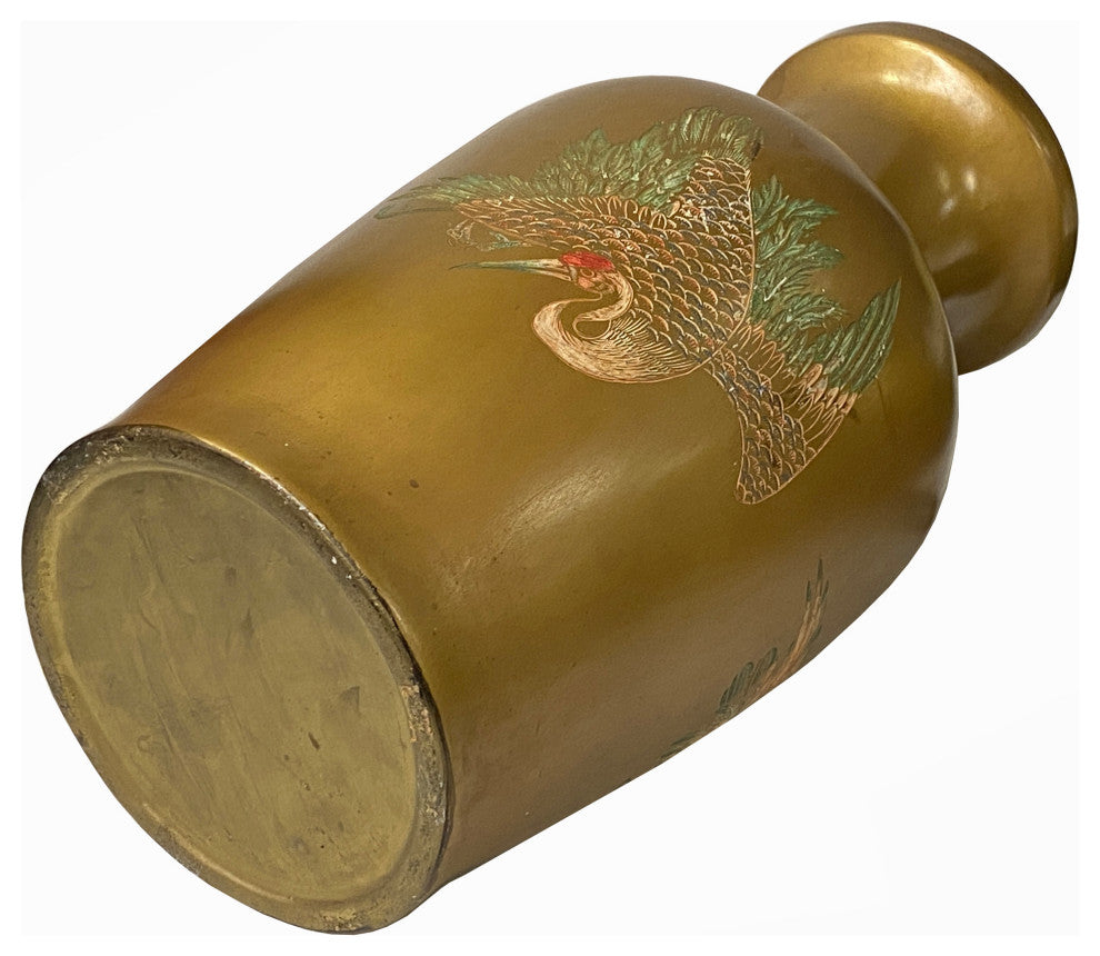 Vintage Handmade Chinese Matte Gold Paint Cranes Motif Vase Hws1847